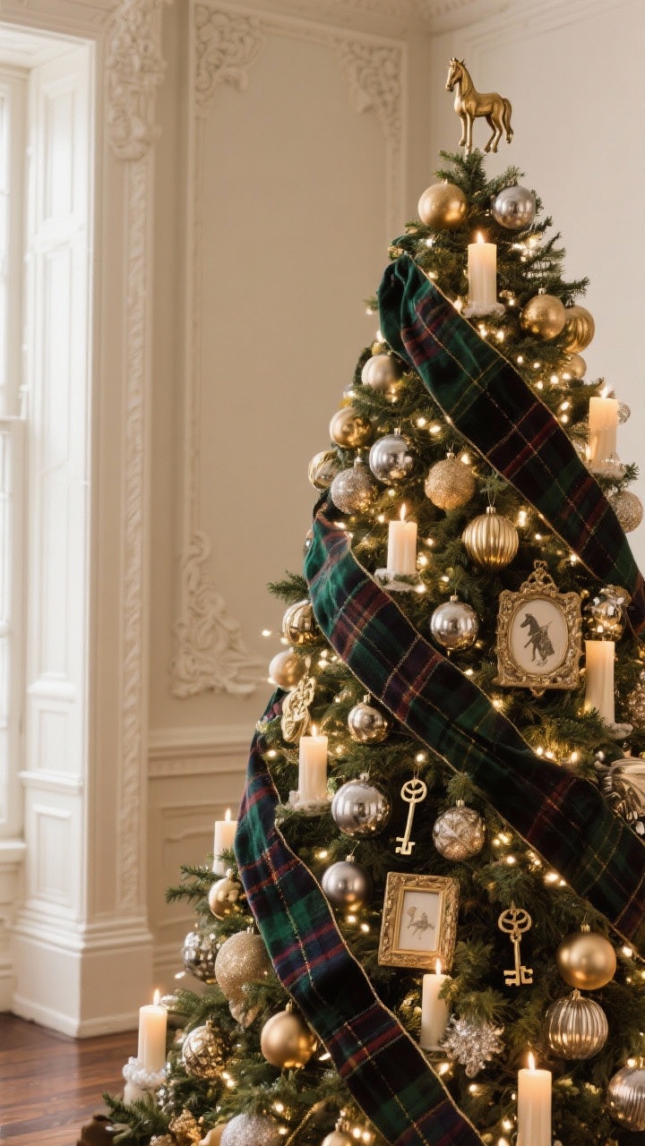 Medium shot of a Park Avenue–style Christmas tree in a polished townhouse corner: antique gold and pewter metallic ornaments, matte and shiny mix, glass baubles, horse motifs, mini frame ornaments, and vintage keys; wide velvet ribbon woven vertically with a narrow tartan ribbon layered over it; warm white lights only, soft candlelit glow reflected in nearby moldings; elegant, timeless mood, no people.