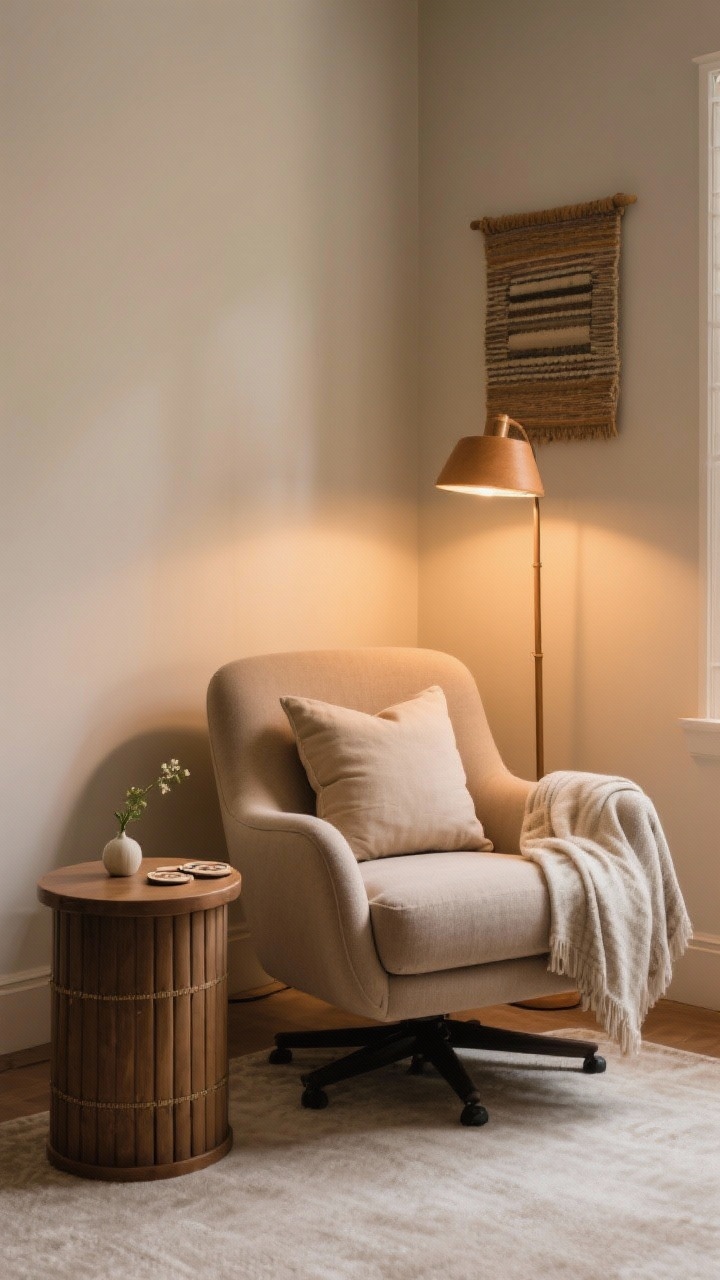 Medium shot of a reading nook: a cozy armchair with curved arms and a deep seat (or swivel) paired with a warm floor lamp featuring a directional shade; one throw over the arm, one lumbar-support pillow; a round drum-style side table with coasters and a tiny bud vase; a small piece of art or a framed textile hung above; intimate corner angle, warm focused light.