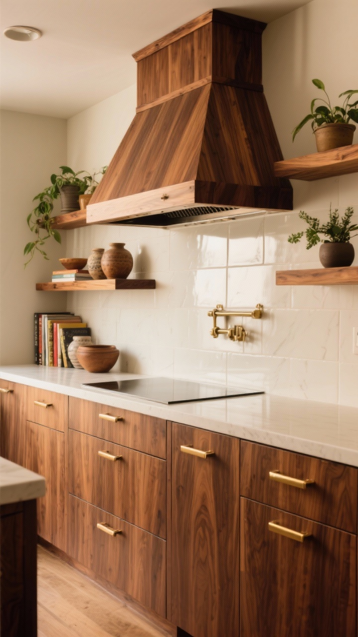 Medium shot of a refined wood-centric kitchen wall: flat-front walnut veneer cabinets with visible grain and slim brass pulls, a wood-wrapped range hood in matching walnut, and open teak shelves styled with a few plants, pottery, and cookbooks; balanced by light counters and a glossy off-white backsplash to prevent heaviness; warm ambient light for a retro-glam tone, no people.