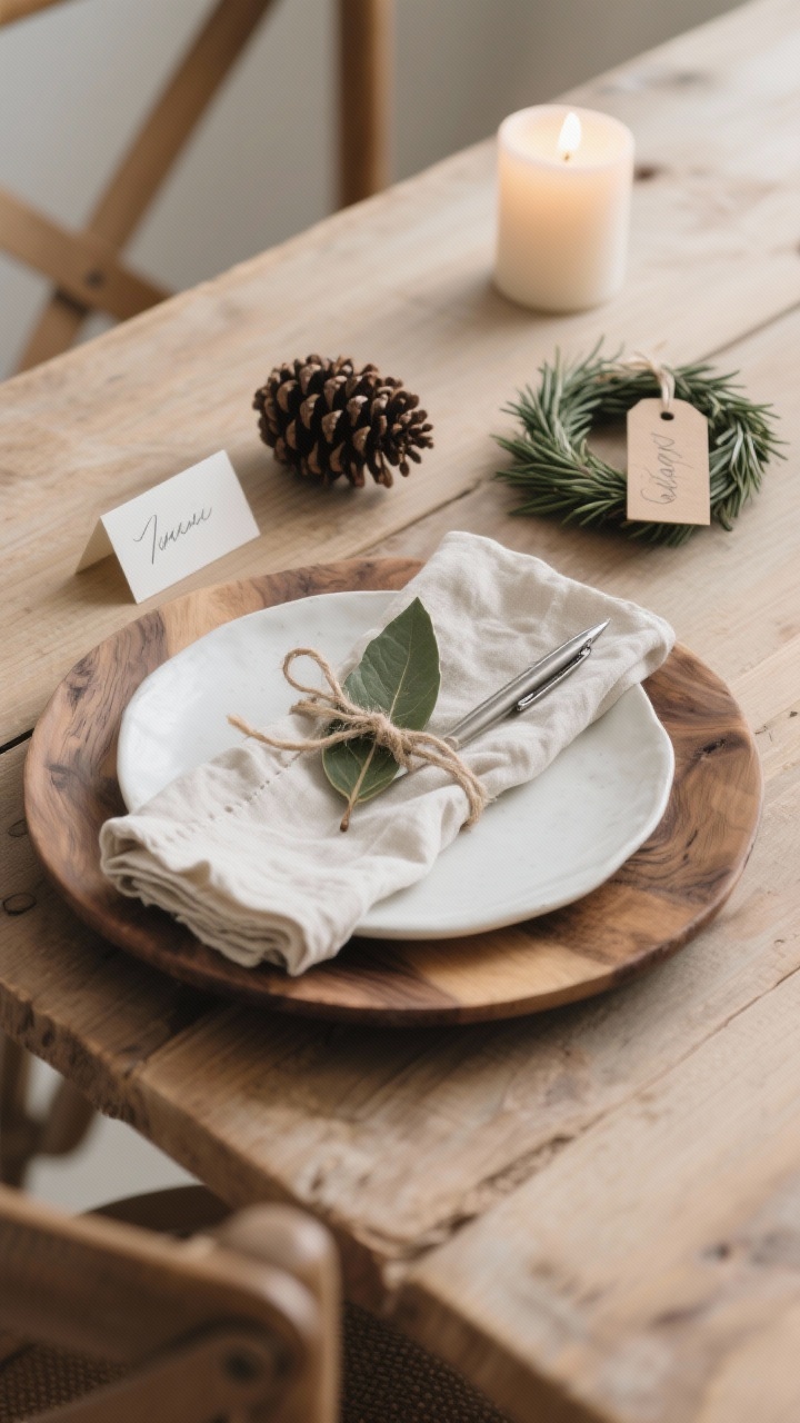 Medium shot of a rustic place setting: wood charger, simple white ceramic plate, and a crumpled linen napkin tied with twine, a tiny cedar tip tucked into the knot; three place card options visible: a pinecone with a slit holding a name card, a bay leaf tag inscribed with a metallic pen, and a mini rosemary wreath with a tag; natural wood table, soft neutral tones, cozy candlelit atmosphere.