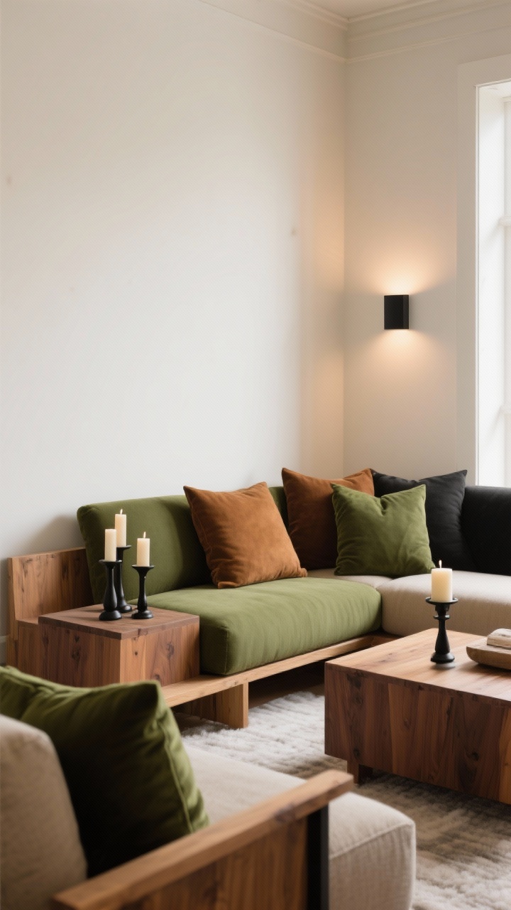 Medium shot of a seating area in warm, earthy neutrals: palette of caramel, chestnut, oatmeal, charcoal, and forest green. A warm white wall with beige undertones makes natural wood glow; olive or pine green cushions add color pop; matte black accents in hardware and candleholders provide contrast. Soft, indirect lighting for a grounded, winter-ready mood.