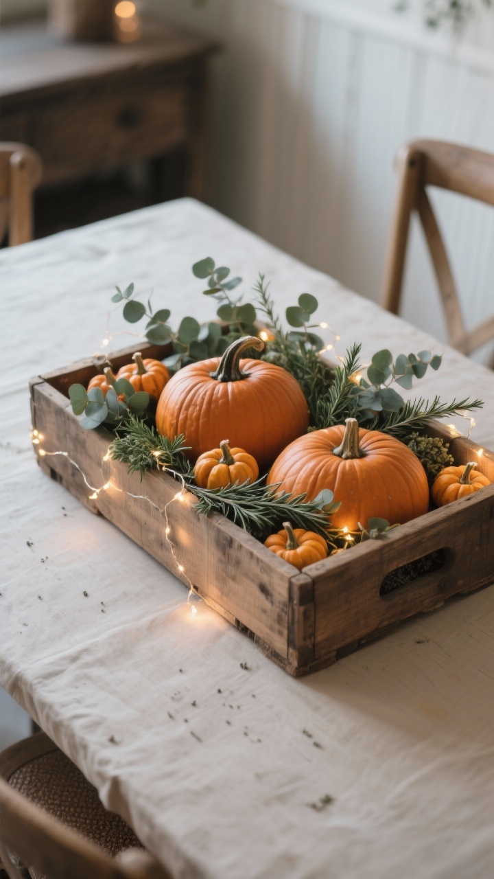 Medium shot of a shallow vintage wooden crate centerpiece on a dining table: inside are 2–3 medium pumpkins plus a handful of mini pumpkins nestled into lifted seeded eucalyptus and rosemary, bulked with hidden floral foam. Delicate warm fairy lights woven through the greenery. Neutral palette with natural wood, photorealistic rustic farmhouse vibe, soft evening glow.