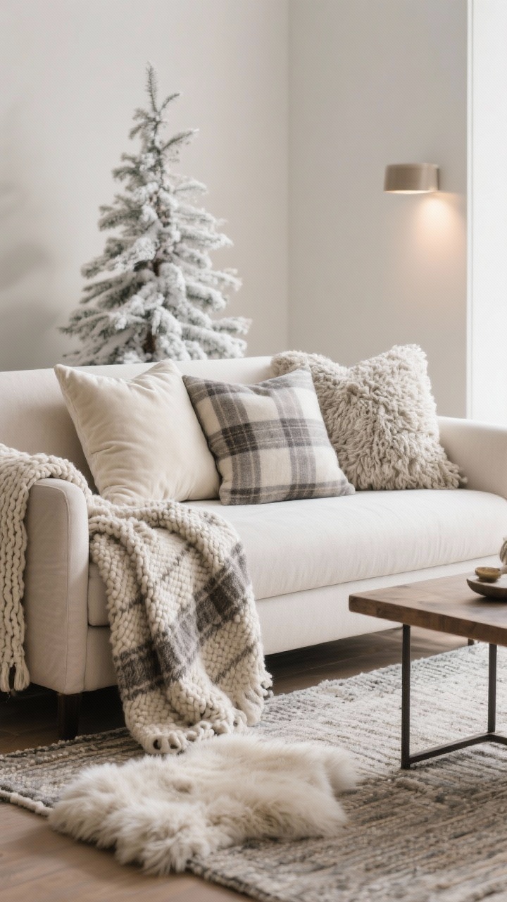 Medium shot of a sofa scene focused on layered cozy textures: a chunky knit throw draped over the sofa arm, a folded plaid blanket over the back, and a faux fur throw pooling at the corner. Pillows arranged with a palette tied to a snowy neutral tree theme—two solid velvets (cream and soft gray), one patterned plaid, and one heavily textured boucle. Add a small sheepskin or faux fur rug layered near the coffee table on top of a flat-woven base rug. Soft, warm ambient lighting for a calm, winter-hug mood.