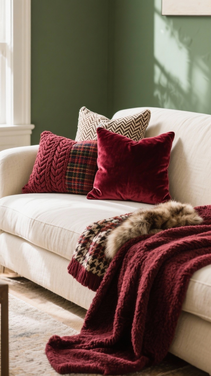 Medium shot of a sofa vignette: cream linen sofa styled with layered burgundy throw pillows in velvet, bouclé, cable-knit, and faux fur, plus a plush burgundy blanket draped casually; pattern mixing with a subtle plaid or herringbone pillow alongside solid burgundy; color contrast with cream and a hint of forest green in the room; soft natural afternoon light emphasizing textile textures, no people.