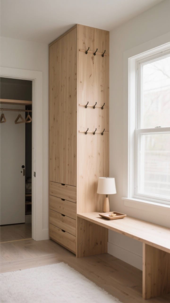 Medium shot of a space-savvy storage wall: a tallboy dresser with a narrow footprint beside an under-window console that provides a low, long surface; the console holds a small lamp and tray, while the tallboy maximizes vertical storage; hooks or shallow shelves on the back of a closet door slightly ajar; light wood, matte finishes, soft daylight, photorealistic.
