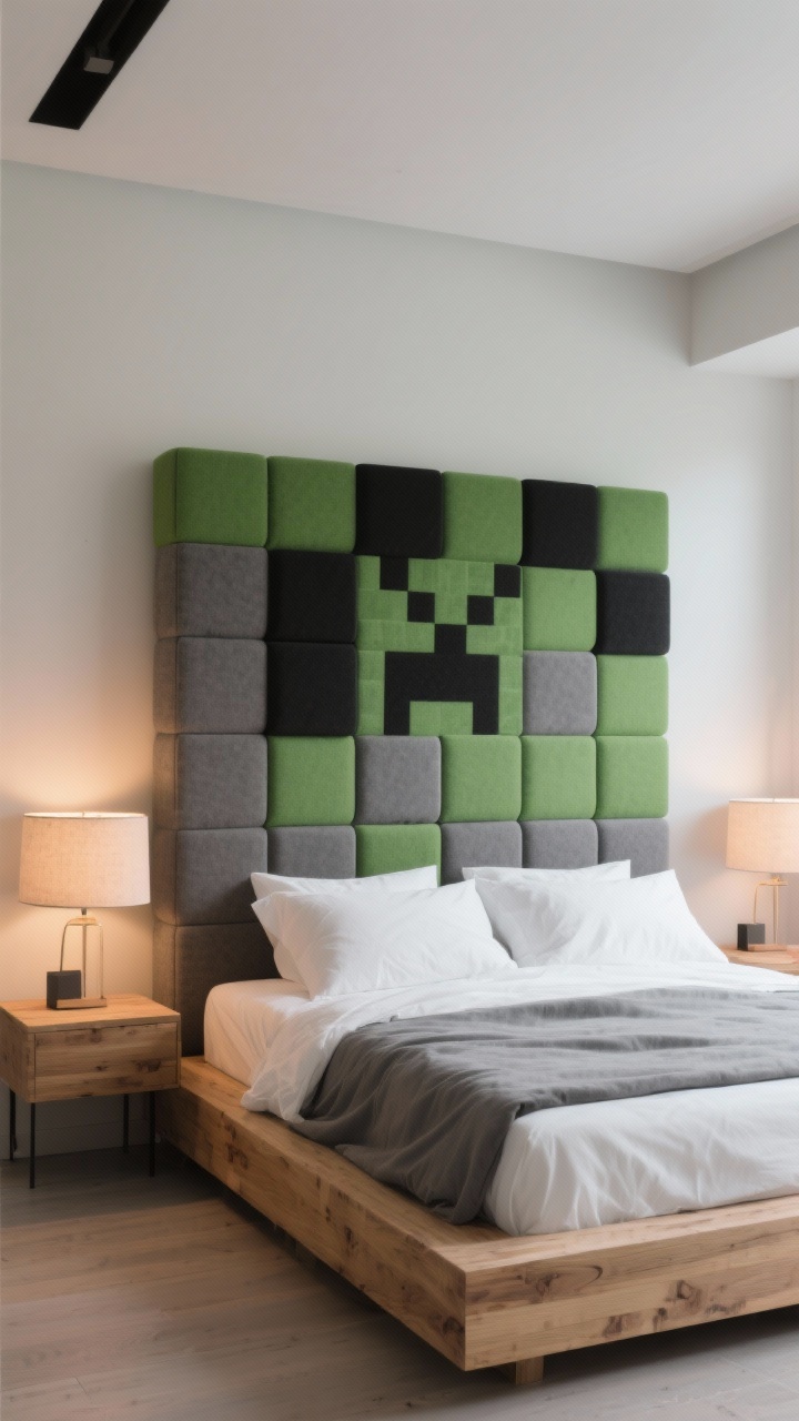 Medium shot of a statement bed with a simple low platform base in oak-plank wood look, neutral white and gray bedding, and a cube headboard made of upholstered foam squares arranged in a Creeper-inspired pixel pattern (greens, black, gray); blocky cube nightstands on each side; subtle warm lamp glow; clean, modern styling; photorealistic, slight corner angle.