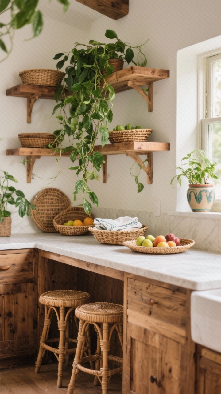 Medium shot of a textured, organic kitchen vignette: teak open shelves with trailing pothos cascading down, rattan or cane counter stools at a peninsula, and woven trays and baskets corralling fruit and linens; a small windowsill plant in a retro ceramic pot adds charm; natural daylight for a fresh, lively feel, warm wood and green tones, no people.