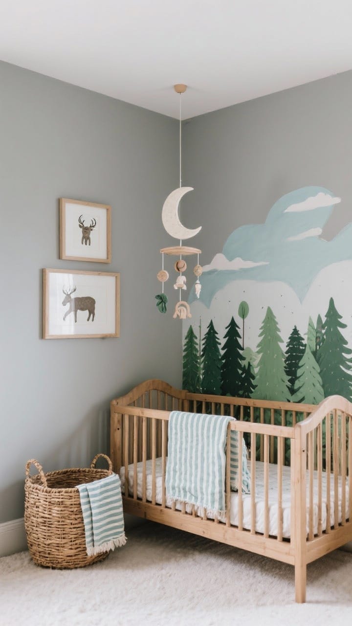 Medium shot of a theme-lite nursery vignette focused on a woodland and skies hybrid: forest-green accents, framed animal prints, wood tones, and a delicate moon mobile hanging above soft gray walls. Rattan basket and striped textiles add subtle coastal nods without overpowering. Keep decor to artwork, mobile, and textiles only for easy evolution. Gentle, cozy lighting, photorealistic.