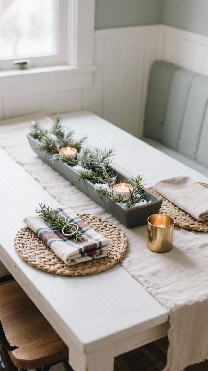 Medium shot of a tiny breakfast nook tabletop: linen runner with two woven placemats layered on top, mix-and-match napkins—one plaid, one solid—folded neatly with a sprig of rosemary tucked under a simple ring, and a low narrow trough centerpiece filled with winter greenery and tea lights. Tight color palette of two hues plus warm metallic accents. Side angle to show seating, practical yet polished, morning light.