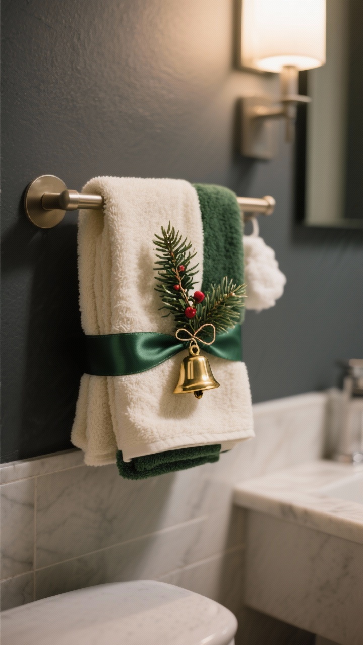 Medium shot of a towel bar styled for the holidays: cream and forest green hand towels neatly folded, a thin satin ribbon wrapped around the center of the hand towel with a tiny brass jingle bell attached and a small sprig of faux holly secured with floral wire; subtle scent hack implied by a discreet cotton pad tucked behind the bar edge; soft, warm bathroom lighting, charcoal accent wall, clean modern fixtures, photorealistic with fabric texture and bell gleam emphasized.