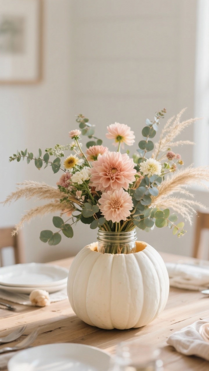 Medium shot of a white pumpkin used as a vase centerpiece on a dining table: top sliced, interior hollowed, a mason jar inside holding a lush, low arrangement of dahlias, mums, eucalyptus, and wisps of dried grass angled outward to keep sightlines clear. Muted florals, soft blushs and greens, gentle natural morning light for a fresh, festive feel.