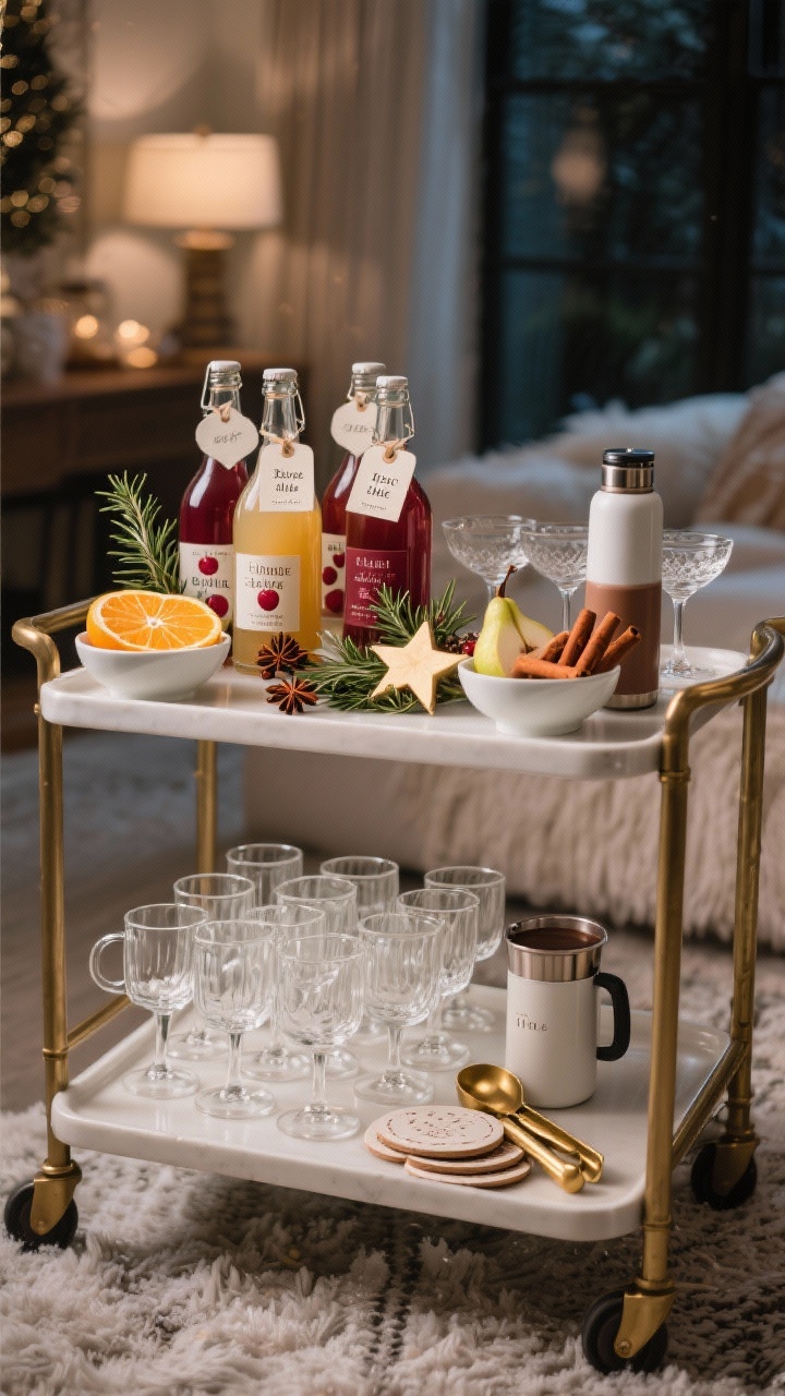 Medium shot of a winter beverage station: a tray or compact bar cart with rows of clear mugs and coupe glasses, labeled bottles of seasonal syrups (rosemary simple, spiced pear, cranberry) with tiny tags, bowls of cut citrus, cinnamon sticks, star anise, fresh herbs, and a small thermos for hot chocolate; brass tongs and coasters; cozy evening ambiance.