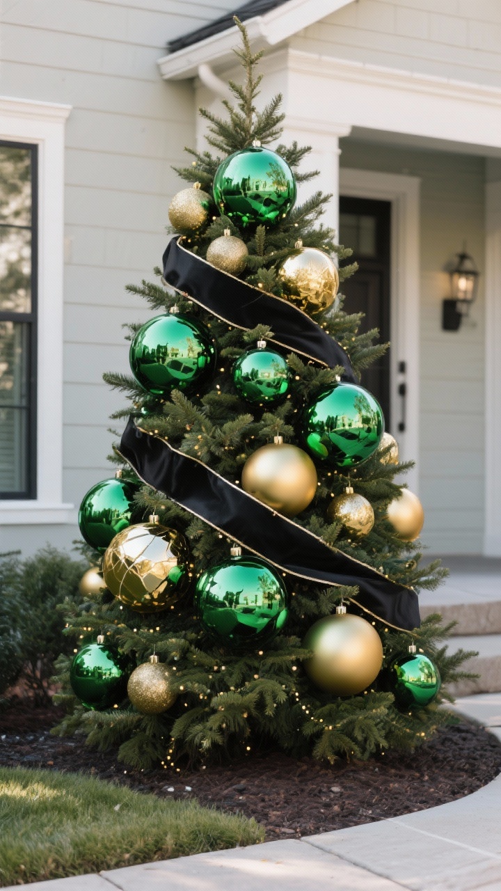 Medium shot of an outdoor evergreen tree decorated for the front yard: oversized 8–10 inch shatterproof ornaments in emerald and gold with a subtle pop of black; wide outdoor ribbon (