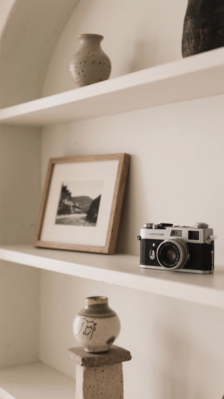 Medium shot of curated personal pieces with breathing room: one memory per shelf displayed prominently—a black-and-white travel photo in a modest frame, a handmade ceramic by a friend elevated on a small riser, and a vintage camera on its own space; mix old and new items without overcrowding; neutral backdrop; soft, diffused daylight emphasizing intimacy; slight side perspective.