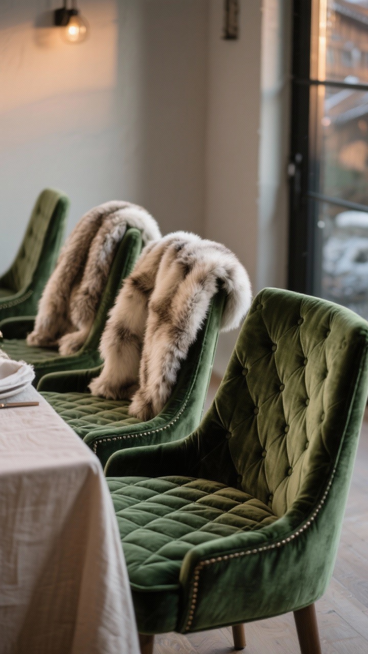 Medium shot of dining chairs cozied up for winter: faux fur throws draped over chair backs for chalet vibes, quilted seat cushions in a deep moss green, and tailored velvet slipcovers on the end chairs; visible table edge with neutral linens; soft evening light emphasizing plush textures.