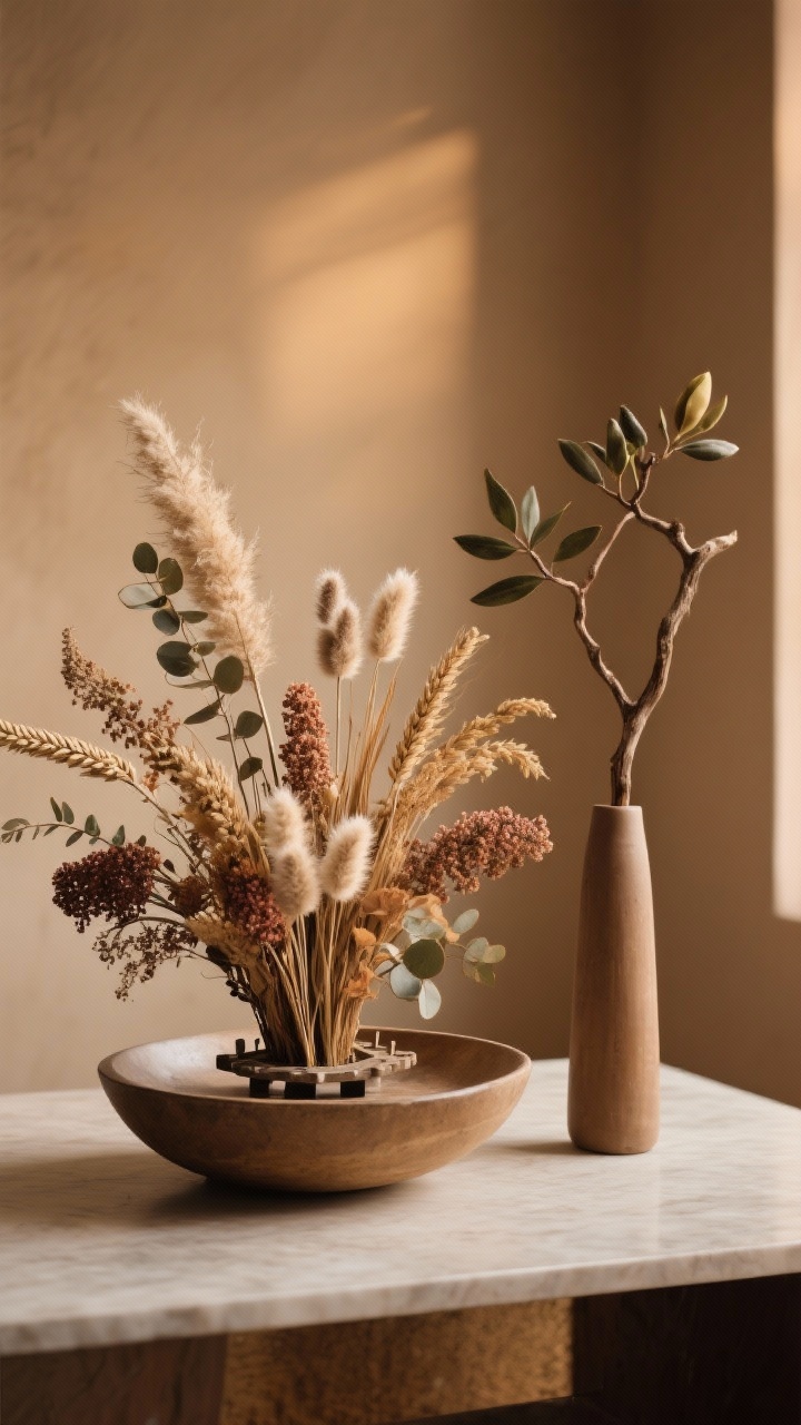 Medium shot of earthy florals and dried stems that last all season: a shallow bowl with a floral frog holding low, full stems of pampas, bunny tails, dried amaranth, wheat, and eucalyptus; next to it, a narrow vase with a single sculptural branch (olive or magnolia); tone-on-tone within a warm fall palette; gentle side lighting for a quiet luxury mood.