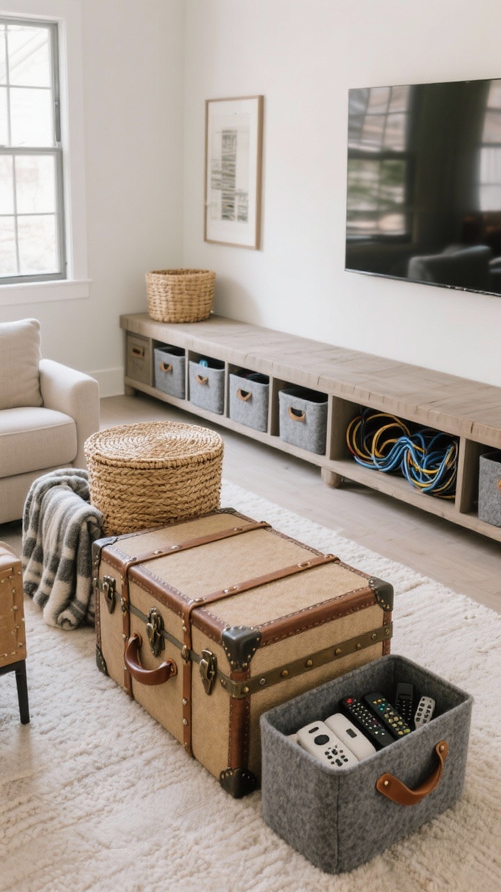 Medium shot of edited storage solutions: a seating area with lidded seagrass baskets and felt bins with leather handles housing throws and remotes; a handsome trunk or storage bench along a wall providing extra seating; a tidy media console with cables corralled into cord boxes and matching bins for controllers and chargers; clutter-free, organized, and cozy atmosphere.