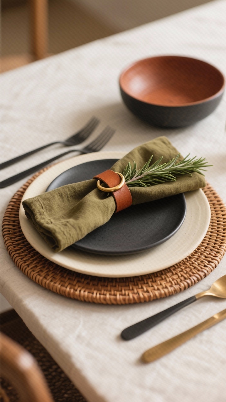 Medium shot of elevated place settings with mix-and-match dinnerware: wood or woven rattan charger base, cream dinner plate layered with a charcoal salad plate, shallow bowl on top; rust or olive linen napkin secured with a simple ring (leather loop or brass circle), sprig of rosemary tucked in; brushed black or warm brass flatware; cohesive, modern contrast; warm, ambient daylight.