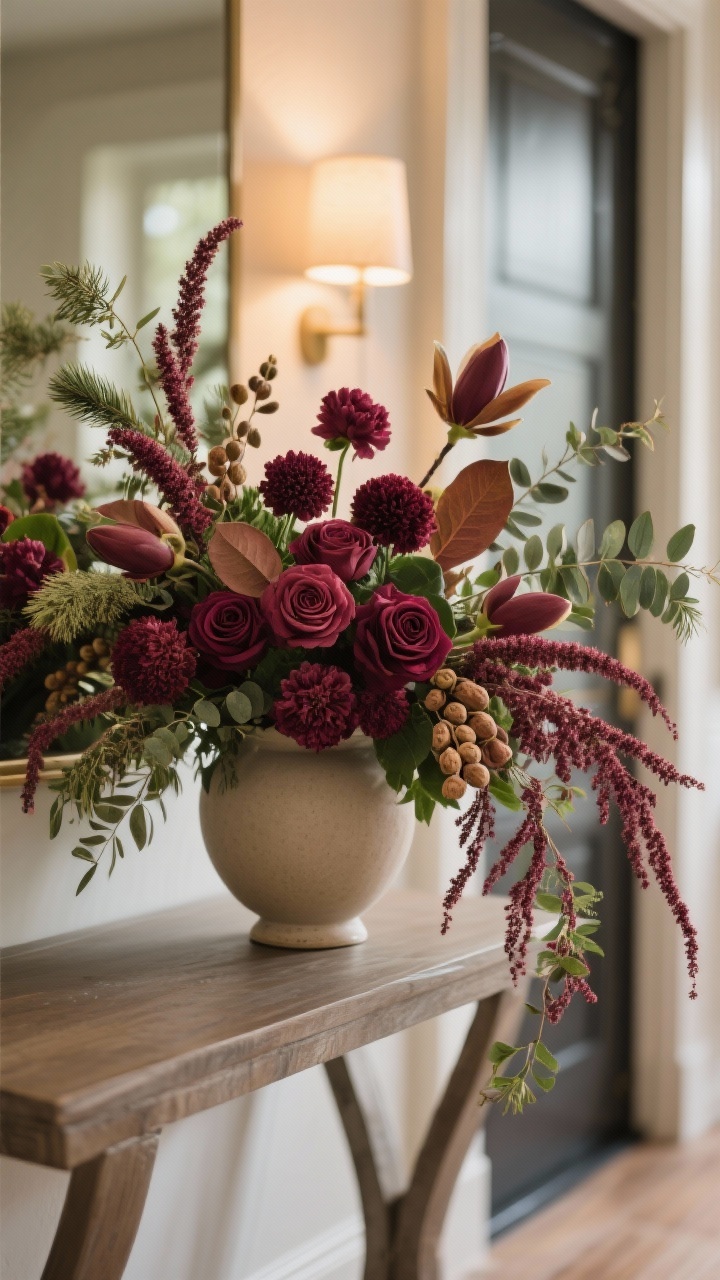 Medium shot of florals on an entry console: a rich arrangement featuring burgundy amaranthus, ranunculus, carnations, roses, scabiosa, plus magnolia leaves and pods, mixed with cedar and eucalyptus for a seasonal feel; trailing amaranthus adds movement; neutral vase, warm interior lighting, greenery supporting burgundy as the statement color; refined, dramatic, no people.