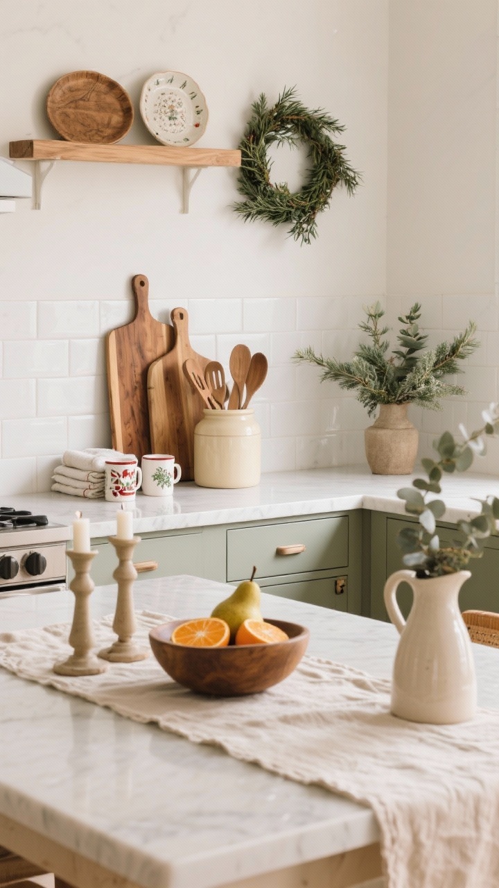 Medium shot of kitchen and dining transition zone, straight-on: clear countertops with holiday mugs and novelty platters removed. Display warm wood cutting boards leaned against backsplash, a cream ceramic utensil crock, and neatly folded linen towels. On the dining table, a linen runner with ceramic candlesticks and a low bowl of citrus or winter pears; a simple eucalyptus jug on a sideboard. Optional herb wreath (bay/rosemary) unadorned. Clean, warm, inviting.