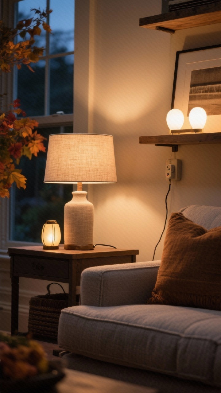 Medium shot of layered lighting in a fall-ready living room: a linen-shade table lamp on a side table, a small accent lamp glowing on a shelf, and all bulbs set to warm white 2700–3000K; a plug-in dimmer visible on a cord; overall ambient, task, and accent lighting working together to create a flattering, soft glow across the room’s textures; evening setting.