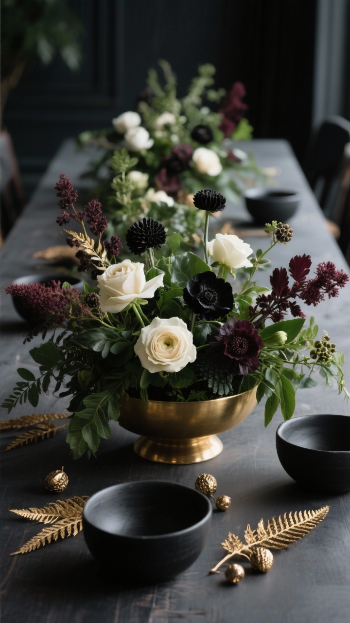 Medium shot of moody florals and greenery with edge: low black ceramic bowls and a matte gold compote arranged down the table, filled with deep green foliage, white/cream blooms (roses, ranunculus, anemones), and accents of black-tinted foliage and deep burgundy elements (smokebush, scabiosa pods). Tuck in dried gold-painted fern tips and metallic seed pods for shimmer. Dim, cozy lighting with gentle highlights on petals and metals. Photorealistic, no people.
