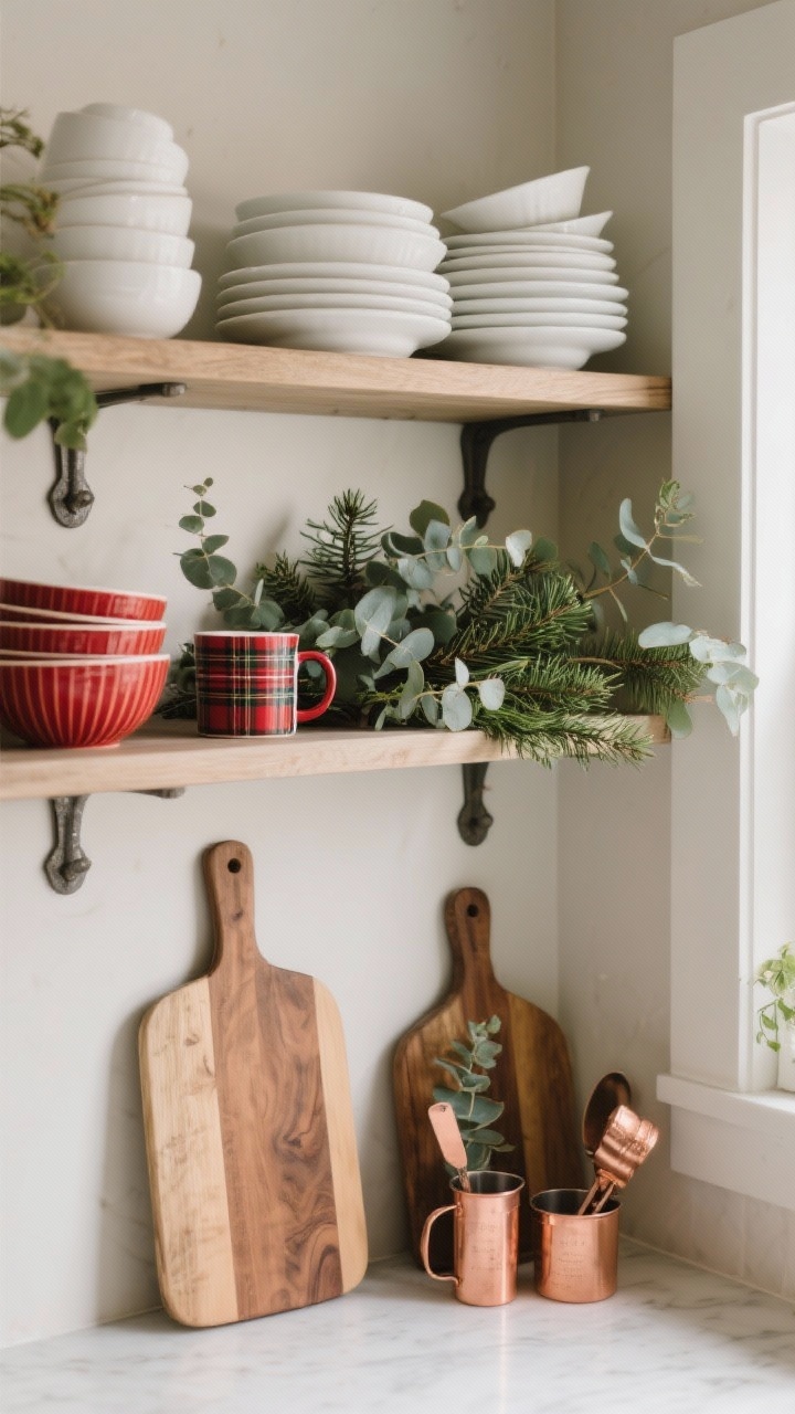 Medium shot of styled open kitchen shelves: anchor stacks of white dishes and a couple of leaning wooden cutting boards; seasonal layers like red-striped bowls, plaid mugs, and a hint of copper measuring cups; eucalyptus and cedar sprigs tucked behind stacks for dimension. Balanced spacing with breathing room, editorial-chic vibe. Neutral wall backdrop, side angle for depth, soft natural light highlights greenery and copper sheen.