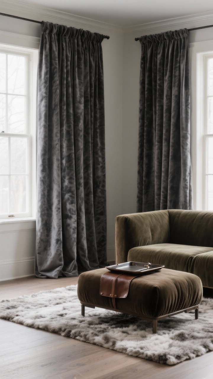 Medium shot of winter-weight textiles: lined velvet curtains in charcoal softly framing a window, a sofa with a darker slipcover in forest or cocoa, and an ottoman topped with a leather tray instead of metal; include a thick linen curtain option layered behind the velvet; a winter rug pad implied under a plush rug for insulation; soft, draft-blocking mood with diffused daylight.