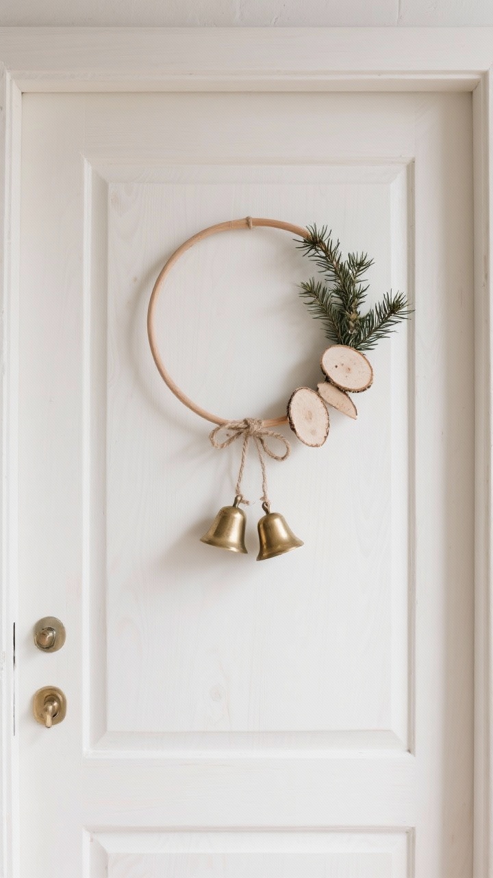 Medium shot, Scandinavian minimal wreath on a pale wood door: a slim wooden ring with a few cedar sprigs attached to one side, balanced by small birch slices on the other; two brass bells tied with twine hanging elegantly; clean composition with natural textures, bright but soft Nordic daylight; negative space preserved, serene mood.