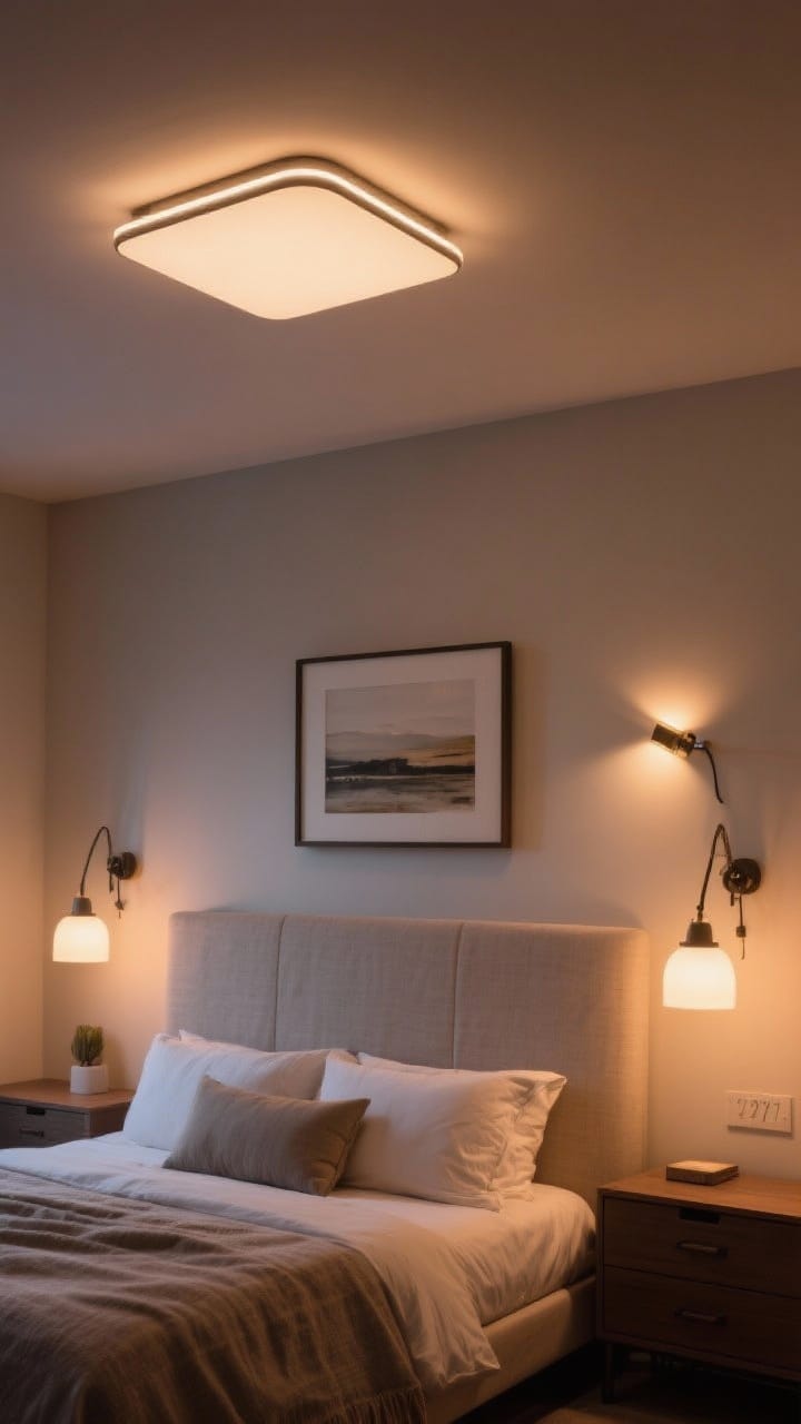 Medium shot showcasing layered lighting: a dimmable flush-mount ceiling fixture for ambient light, wall-mounted swing-arm lamps at each side of the bed for task lighting, and a small picture light highlighting framed art above a dresser for accent; warm bulbs at 2700–3000K casting a cozy glow; soft textures and neutral tones, evening ambiance, photorealistic.