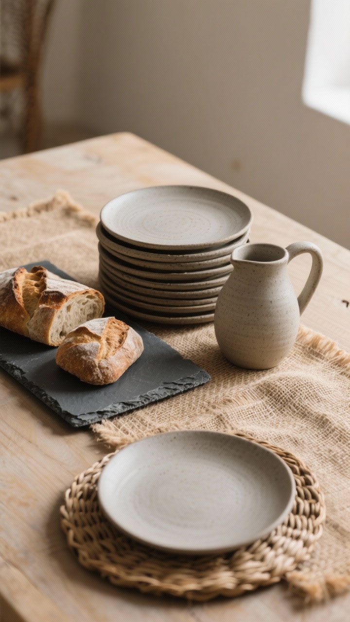 Medium shot showcasing natural materials: matte stoneware plates stacked beside a slate board laden with rustic bread, jute runner beneath woven wicker chargers; balance of rough textures with a refined ceramic water pitcher; side light emphasizes the slate’s subtle sheen and the jute’s fibers, overall warm, honest, artisanal feel.