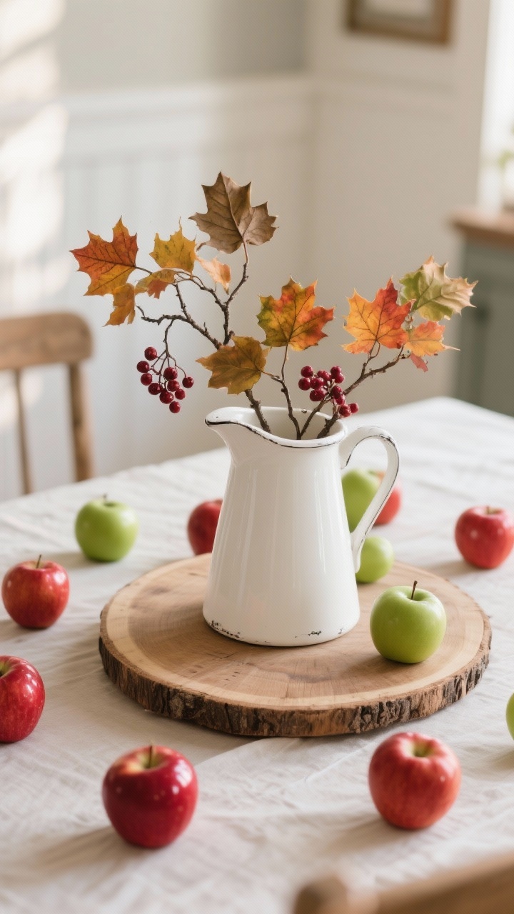 Medium shot, slightly elevated angle of a simple white vintage pitcher on a round wood board base at the center of the table. The pitcher holds branches with fall color—maple or oak cuttings, with a couple faux berry stems. Around the base, a casual scatter of shiny red apples for bold contrast against the white pitcher; a few green apples can be included for balance. Natural afternoon light, farmhouse-romance vibe, photorealistic, no people.