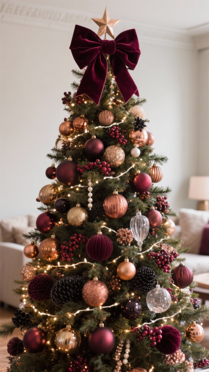 Medium shot, slightly low angle of a boutique-style Christmas tree: dense layers of ornaments following a 60/30/10 formula—60% burgundy (matte, gloss, velvet bows, berry picks), 30% metallics (gold and bronze finials and ornaments), 10% wildcards (clear glass, pearl, smoky black accents); topped with an oversized deep-wine velvet bow instead of a star; warm white string lights, coppery glow, textured variety clearly visible, no people, cozy living room background kept minimal.