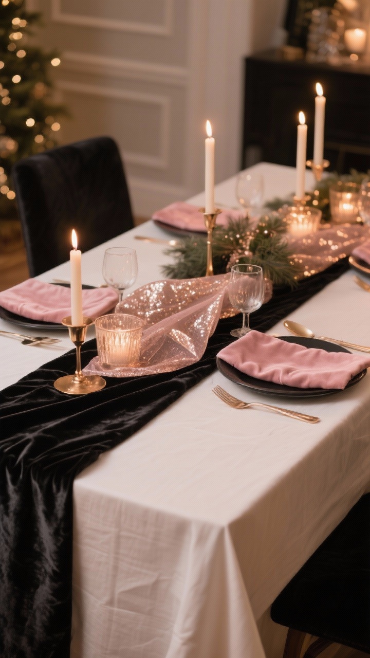 Medium shot, straight-on: A holiday dining table set with a soft blush velvet runner over an ivory linen tablecloth, contrasted by a matte black runner layered beneath the centerpiece area. Add a sheer metallic overlay catching warm candlelight for a subtle shimmer. The palette is blush, ivory, matte black, and rose gold accents, photographed in warm, cozy evening light to emphasize a glowy base without glitter, capturing plush velvet texture and tasteful shimmer.
