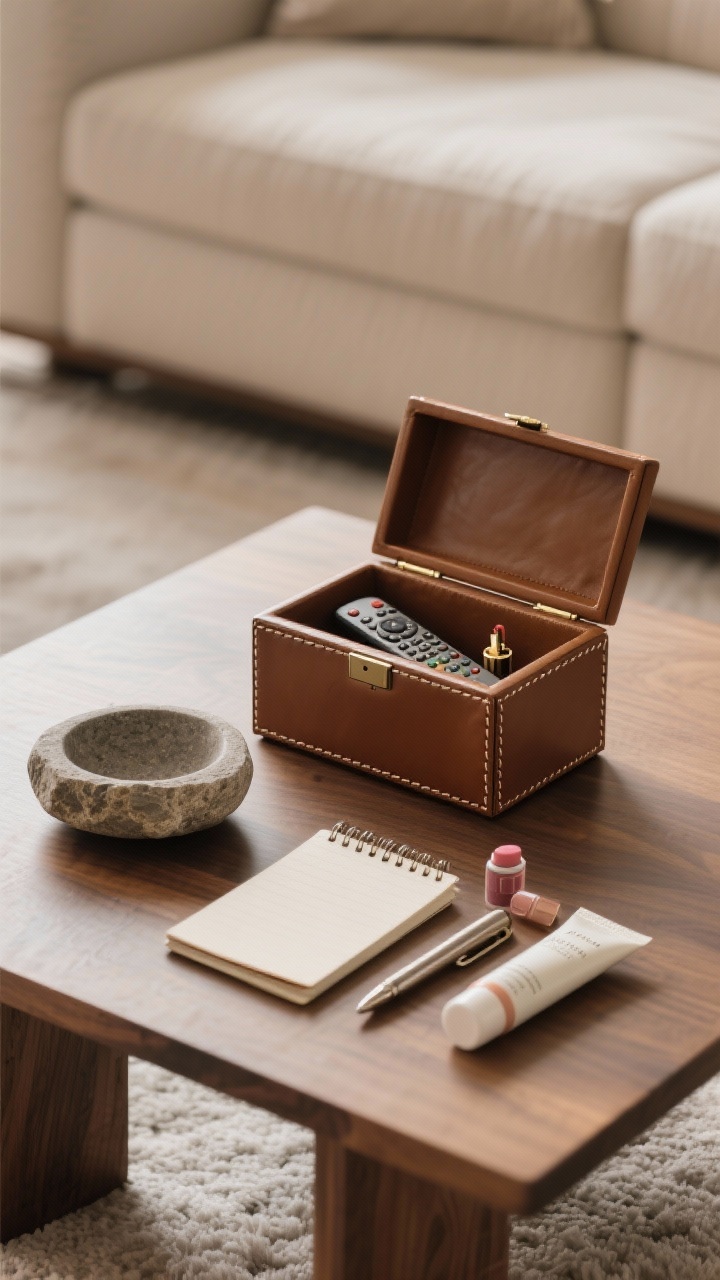 Medium shot, straight-on: a luxe lidded storage box in leather with subtle stitching on the coffee table, lid slightly ajar to reveal a remote and lighter; beside it, a small stone dish with a mini notepad and pen, and a tube of hand cream with a matching lip balm; materials in wood, stone, and leather for an indulgent winter vibe; calm, warm lighting, clutter-free.