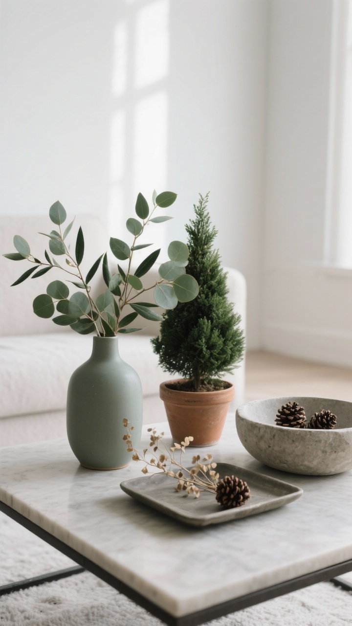 Medium shot, straight-on: a minimalist winter greenery moment on a coffee table—small matte ceramic vase with eucalyptus and olive branches in muted sage and deep green; a petite cypress topiary in a clay pot nearby; a shallow stone bowl with a few foraged pinecones; dried lunaria stems on the tray edge; subdued tones, no bright florals; soft, spa-like daylight filtering in, emphasizing the fresh-yet-seasonal look.