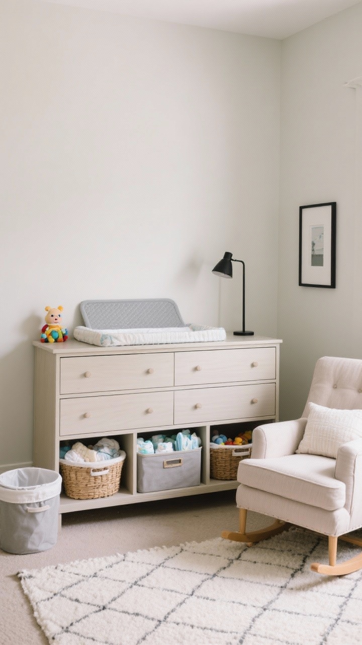 Medium shot, straight-on: A practical yet pretty dresser-as-changer setup. A neutral dresser with a secured changing topper and a waterproof mat, flanked by soft storage baskets for toys and textiles and lidded bins tucked below for extra diapers and wipes. Include washable elements: performance slipcovered glider nearby, removable cushion covers, and a machine-washable rug. Add a single black accent (slim lamp or frame) to ground the space, plus a lidded hamper discreetly placed. Mood is orderly, calm, and functional.