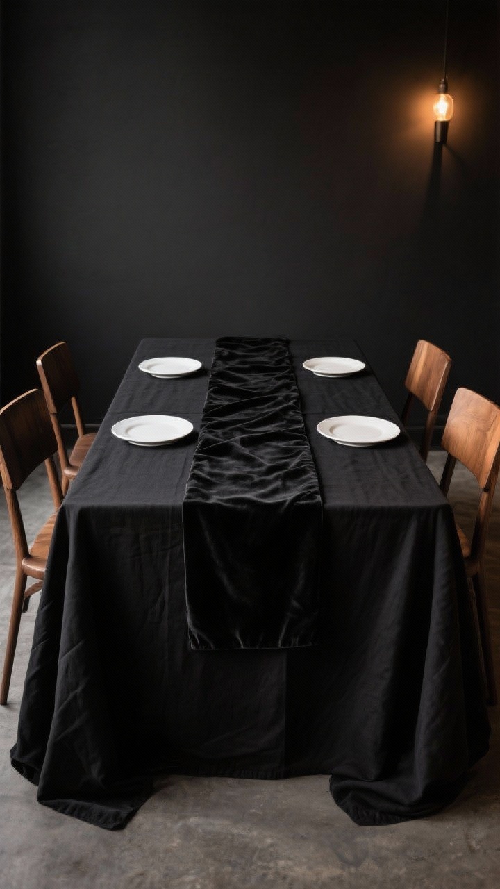 Medium shot, straight-on dining table focusing on the bold black foundation: a matte black linen tablecloth covering the full table, with a narrower black velvet runner layered down the center for depth; warm ambient evening lighting; subtle lint-free finish; wood dining chairs peeking around the edges; minimal props—plain white placeholder plates to show contrast, but emphasis on the soft linen drape and plush velvet sheen; mood is chic and moody without clutter.
