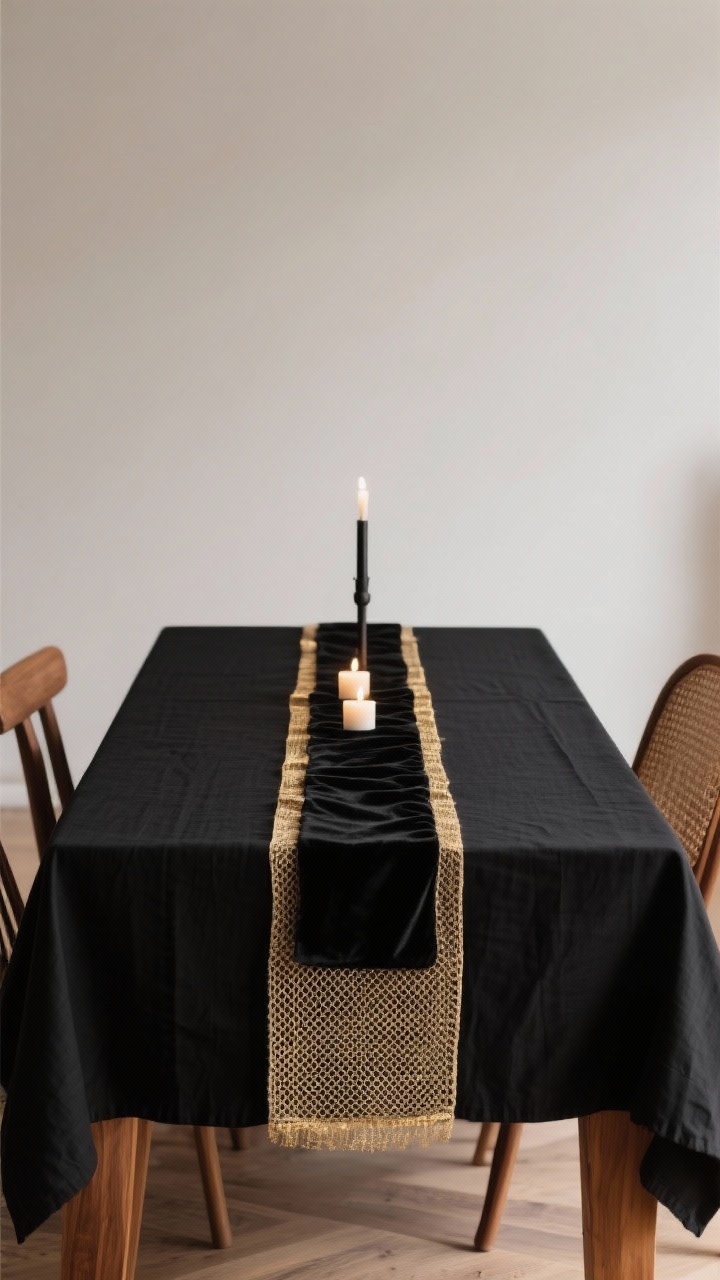Medium shot, straight-on view of a dining table “base outfit”: a matte black heavyweight linen tablecloth on a wood table, with a black table runner over exposed warm wood edges. Layer a narrow strip of black velvet centered atop a delicate gold mesh runner for texture. Include mixed finishes: matte black against brushed gold accents along the center. Warm, cozy candlelit ambience implied but unlit; focus on fabrics’ texture and the sleek vs. moody contrast. Photorealistic, no people.