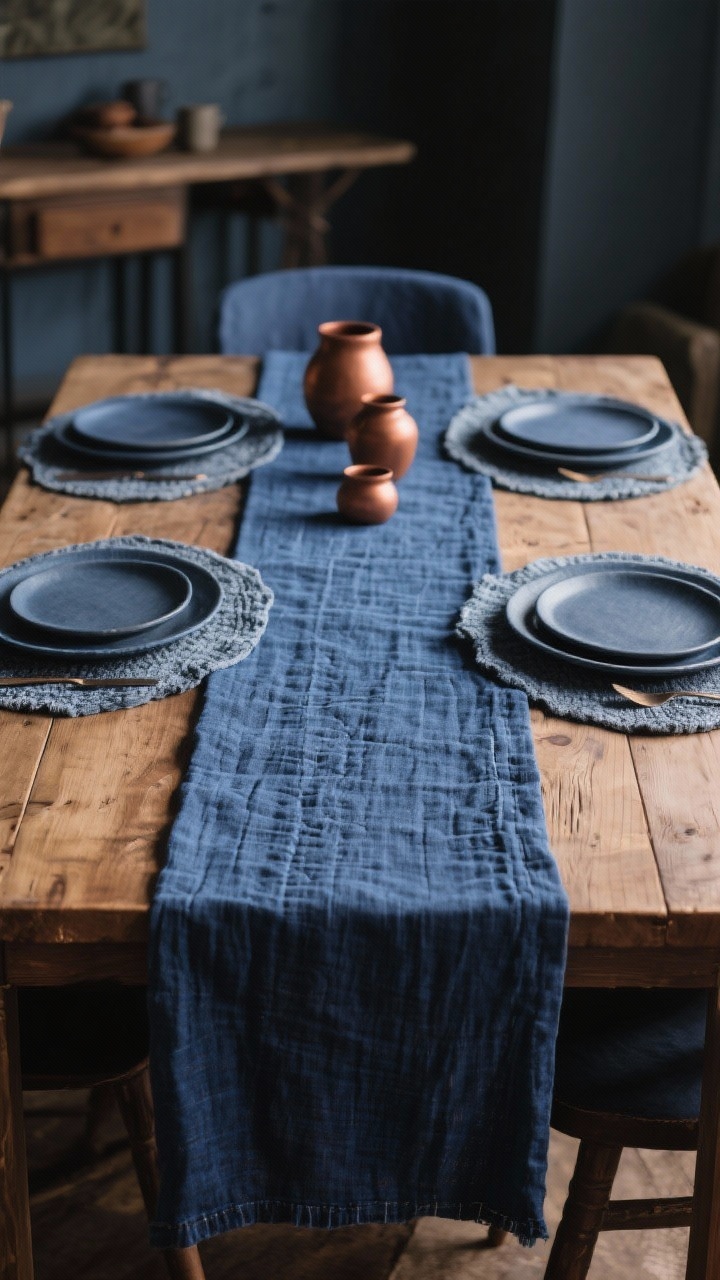 Medium shot, straight-on view of a dining table set with a deep navy linen tablecloth and a slightly lighter indigo chambray runner layered on top; textured fabrics visible (washed linen, chambray, matelassé feel). Add slate-blue placemats framing place settings on a visible edge of warm wood table. Color story: navy, indigo, slate blue with hints of copper and caramel accents subtly included in small objects. Soft natural afternoon light, cozy moody vibe, photorealistic, no people.