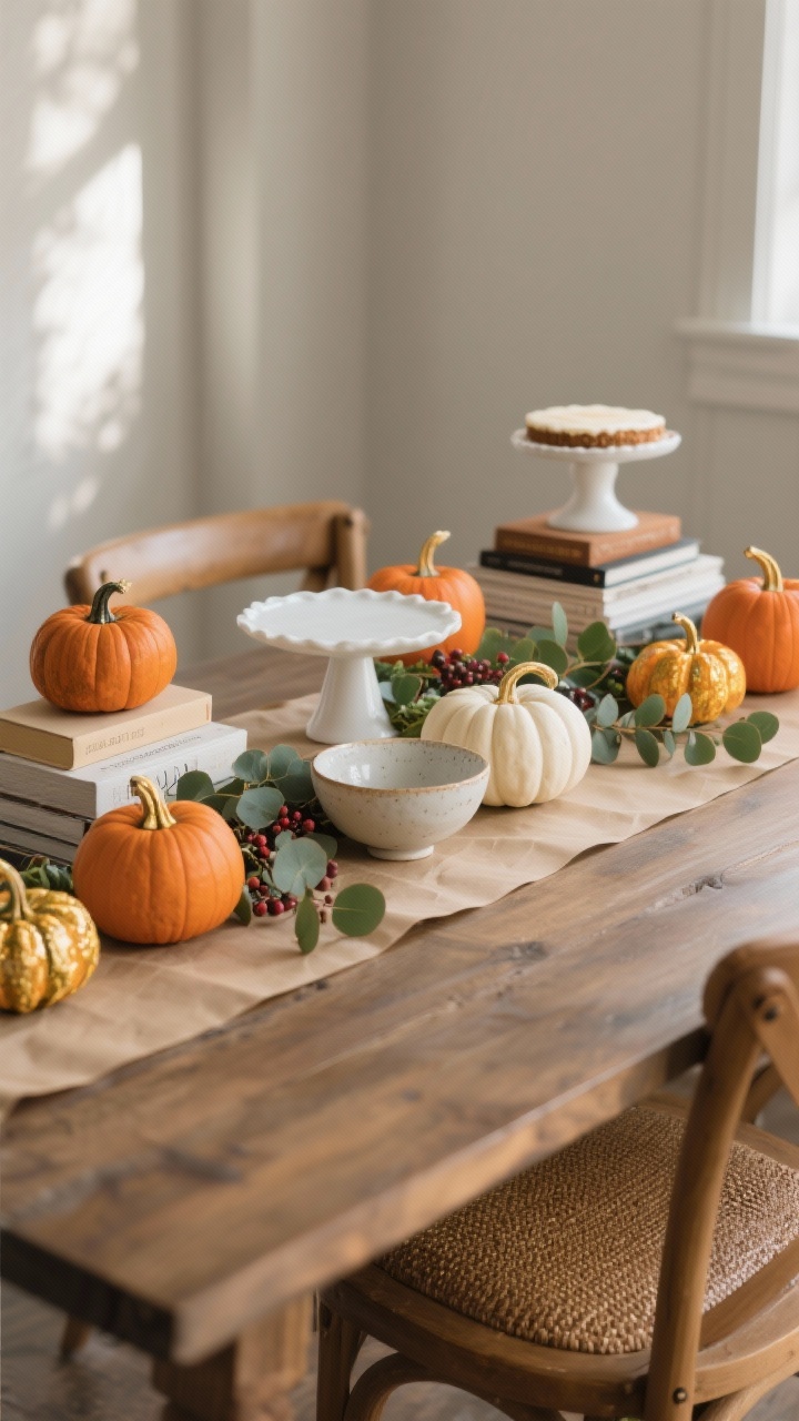 Medium shot, straight-on view of a dining table styled with a kraft paper runner base, an artful mix of mini pumpkins in classic orange, white Casper, and a few quirky greens. Vary heights with stacked books, a white cake stand, and an upside-down ceramic bowl hidden beneath a couple pumpkins. Eucalyptus sprigs and berry branches tuck between pumpkins, with a few pumpkin stems subtly brushed in gold paint for a gentle shimmer. Soft afternoon natural light, photorealistic, no people, cozy chic mood.