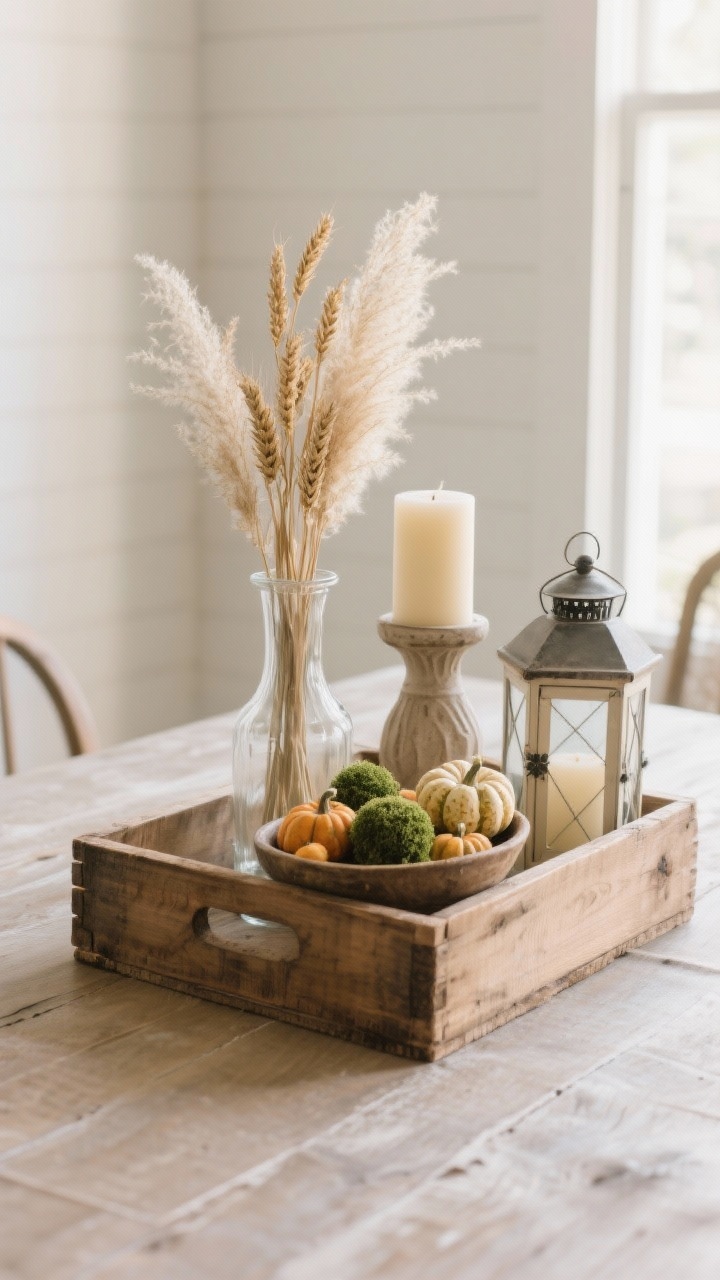 Medium shot, straight-on view of a small wooden crate used as a centerpiece frame on a farmhouse table. Inside the crate: one tall element (a clear glass vase with dried wheat and pampas), one sculptural piece (a chunky cream pillar candle in a lantern-style holder), and one filler (a rustic bowl holding mixed mini gourds and moss balls). Composition limited to three to five items to feel curated. Soft, diffused morning light, clean and intentional styling, photorealistic, no people.