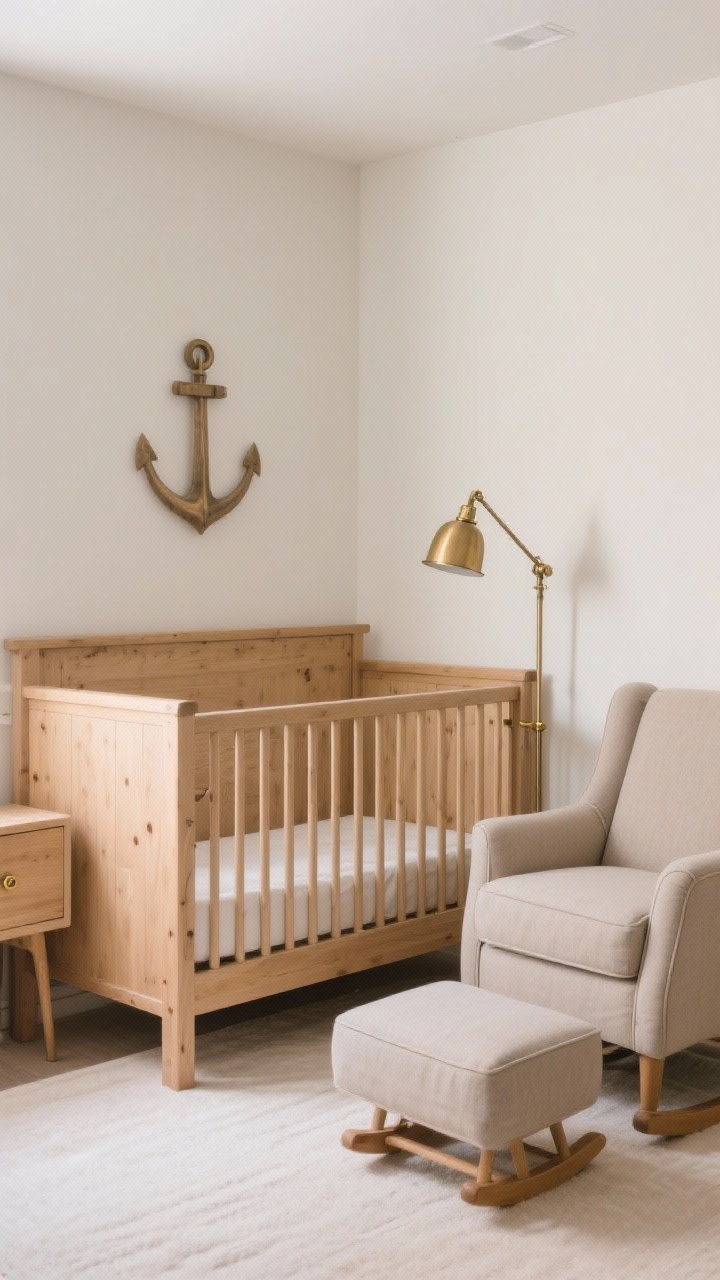 Medium shot: The crib and anchor corner of a neutral nursery. Center a solid wood crib in natural finish, with clean lines and proportions matched to a modest room. Pair with a supportive glider upholstered in performance, stain-resistant fabric and a small footstool/ottoman. Integrate matched metals: light wood furniture with brass hardware and a brass reading lamp. Keep the palette neutral (natural wood, white, and warm tones) under soft ambient lighting.