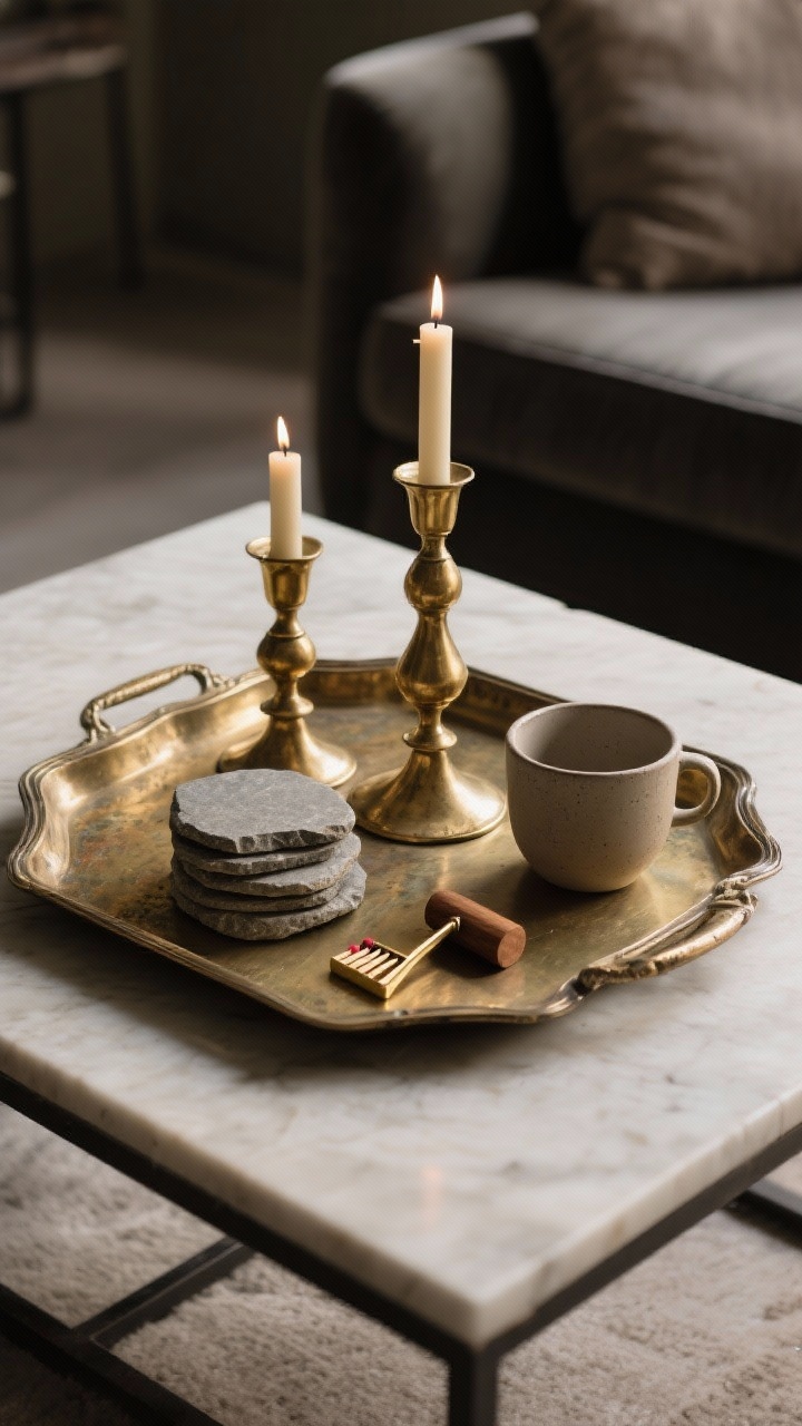 Medium shot with moody afternoon light: a coffee table anchored by an antique brass tray and matching aged gold candle holders in varying heights, paired with matte finishes—stone coaster stack, raw ceramic cup, and a small wooden accent; a stylish brass match striker and candle snuffer sit neatly; limited to two metallic pieces for glow without glare; warm, diffused light reflects softly off patina, creating a cozy ambiance.