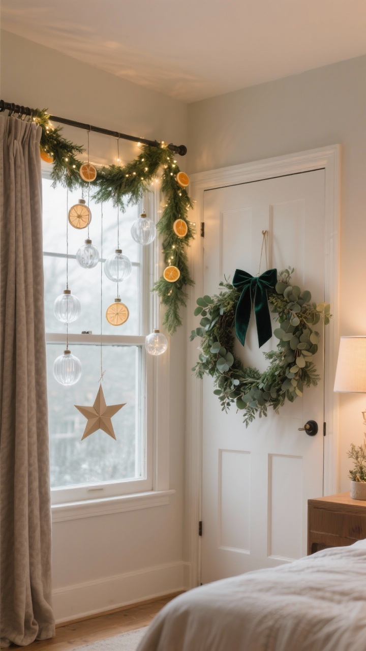Medium straight-on shot of windows and interior doors dressed for the holidays: a simple eucalyptus wreath hung on a bedroom door with a lush evergreen velvet ribbon, paper star lanterns and clear glass ornaments suspended at staggered heights in the window with invisible fishing line, a garland draped over the curtain rod with tucked-in fairy lights; neutral greenery with subtle citrus slice accents; warm cozy lighting, no people, photorealistic