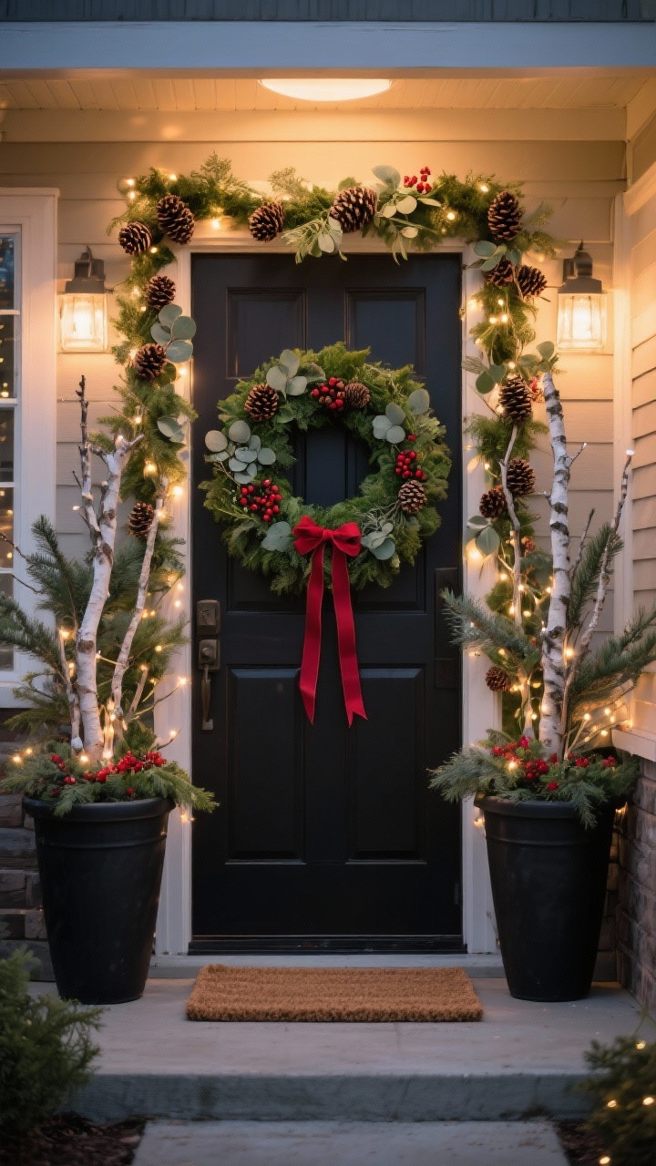 Medium, straight-on view of a festive front entry at dusk: a door framed with pre-lit garland tucked with pinecones, eucalyptus, and faux red berries; an oversized 28–32 inch mixed-green wreath with long ribbon tails; matching tall black urn planters flanking the door filled with evergreens, birch branches, and subtle battery fairy lights; coordinated ribbon color repeated on wreath, planters, and a coir doormat; warm, cozy lighting, no people, photorealistic.