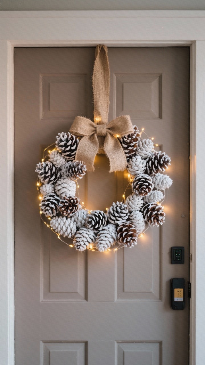 Medium straight-on view of a pinecone wreath on a muted taupe door, pinecones of mixed sizes hot-glued densely, tips lightly dry-brushed white for a frosted effect with subtle epsom-salt sparkle; wrapped micro LED string lights glowing warmly at dusk, battery pack hidden behind; hung with a thick burlap ribbon for rustic charm.
