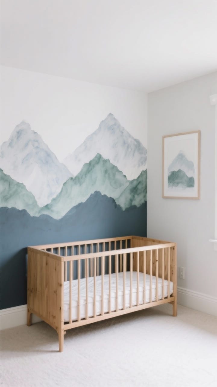 Medium, straight-on view of a statement wall behind a crib using peel-and-stick wallpaper with watercolor mountains in muted gray-blue and sage. The rest of the room is simple and soothing with white upper walls and natural wood accents. Include a half-painted wall idea on an adjacent wall (lower half moody blue-gray, upper half white) for practicality. Minimal art, soft diffused lighting, photorealistic.