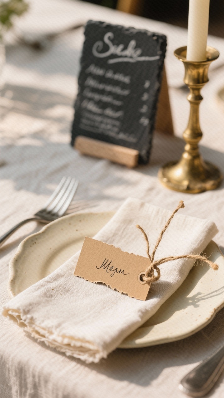 Medium tabletop shot of handwritten stationery: torn-edge kraft paper place cards with casual ink names, a small mini menu card atop a cream stoneware plate, twine-tied tiny tag around a linen napkin; in the background, a small slate board menu with chalk lettering leans against a brass candlestick; warm afternoon light, inviting and personal.