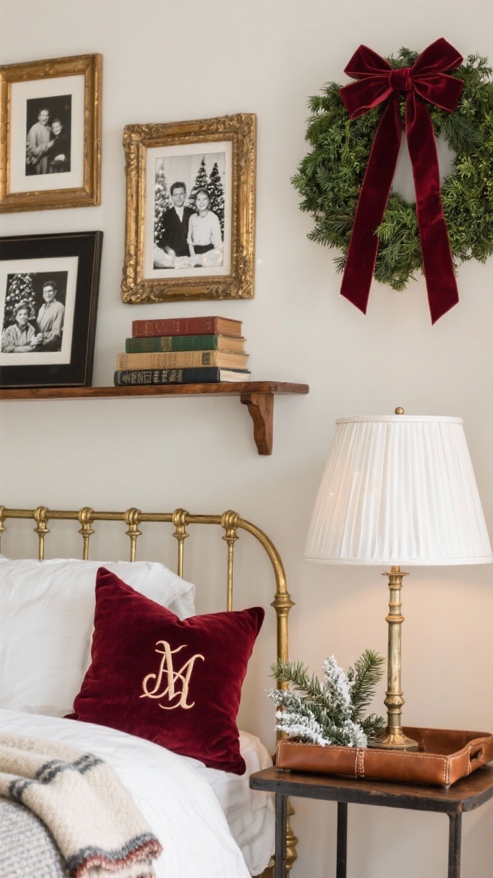 Medium vignette of heritage details that feel collected: brass and wood frames with black-and-white family holiday photos on a shelf; a monogrammed wool or velvet pillow on a bed corner and a folded monogrammed blanket at the foot; classic boxwood wreath with an oxblood velvet bow on the wall; style books stacked on a leather tray with a small evergreen arrangement; winter white pleated linen lampshade softly illuminating the scene; elegant, timeless.